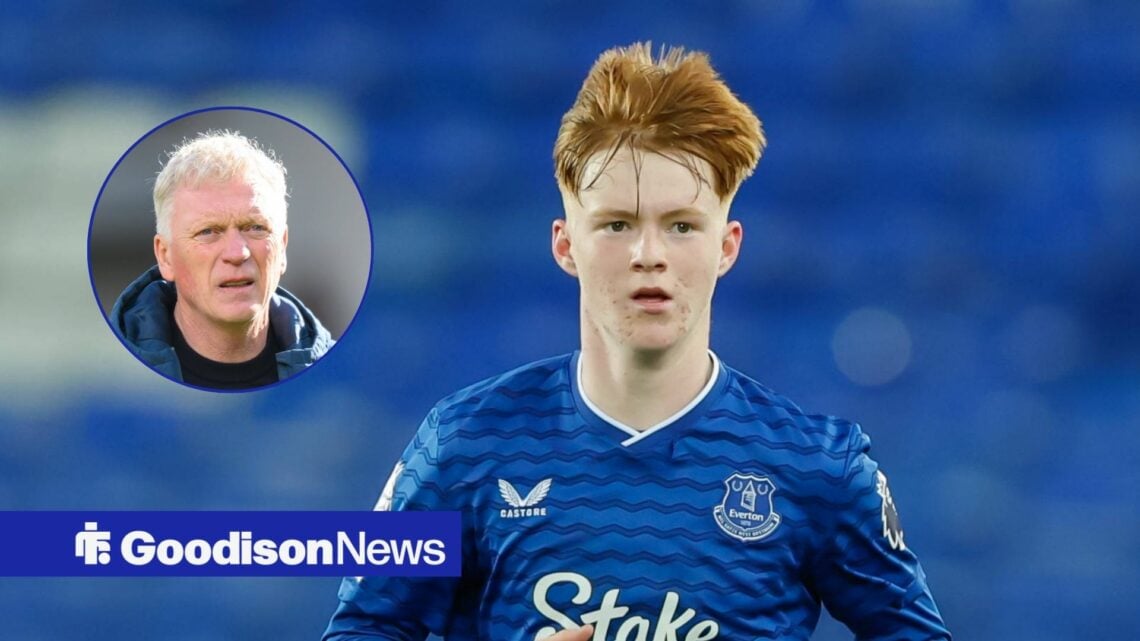 Braiden Graham of Everton during the Everton U21 vs PSV Eindhoven U21 Premier League International Cup match, David Moyes in inset.