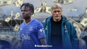 David Moyes and Tyrique George with money floating around at Hill Dickinson Stadium.