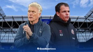 David Moyes and Regis Le Bris in front of a Hill Dickinson Stadium background.