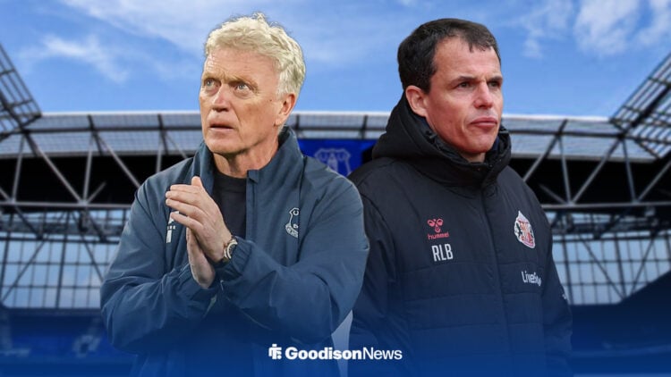 David Moyes and Regis Le Bris in front of a Hill Dickinson Stadium background.