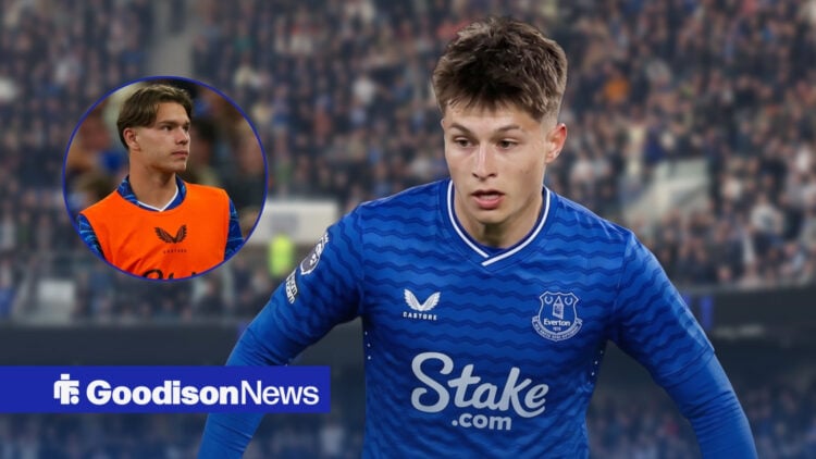 Esmir Bajraktarevic in an Everton shirt, Tyler Dibling warming up in inset.
