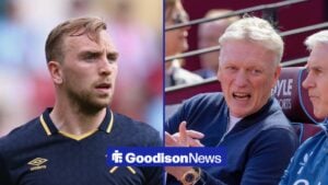 Split image of West Ham United forward Jarrod Bowen and Everton manager David Moyes