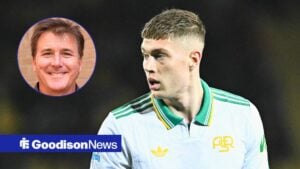 Roma striker Artem Dovbyk as main image with Everton chief Dan Friedkin in circular inset on the left