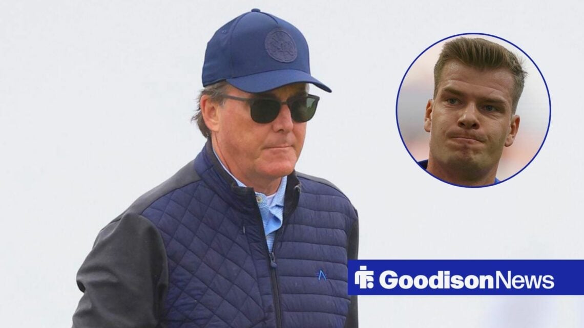 Everton chief Dan Friedkin as main image with Alexander Sorloth in circular inset on the right