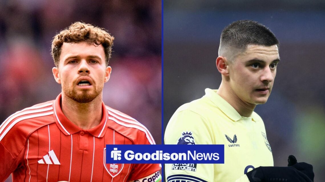 Split image of Nottingham Forest defender Neco Williams and Everton left-back Vitalii Mykolenko