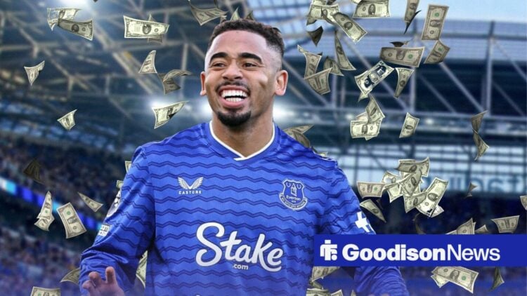 Gabriel Jesus in an Everton shirt with money raining down.