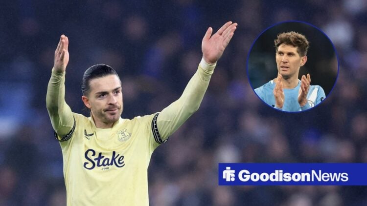Jack Grealish of Everton acknowledges the Holte End during the Aston Villa vs Everton Premier League match, John Stones of Manchester City applauds...