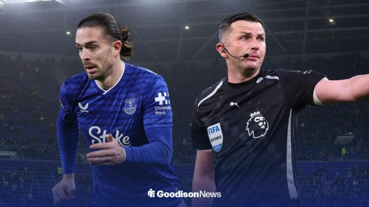 Everton star Jack Grealish and referee Michael Oliver.