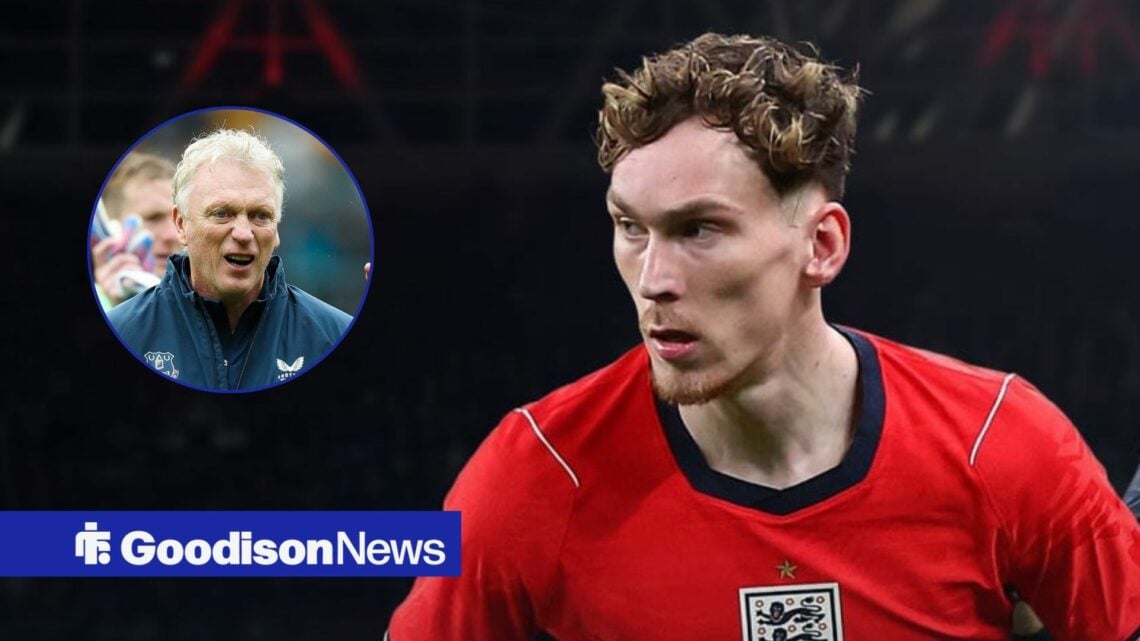 Everton star James Garner in an England shirt, David Moyes in inset.