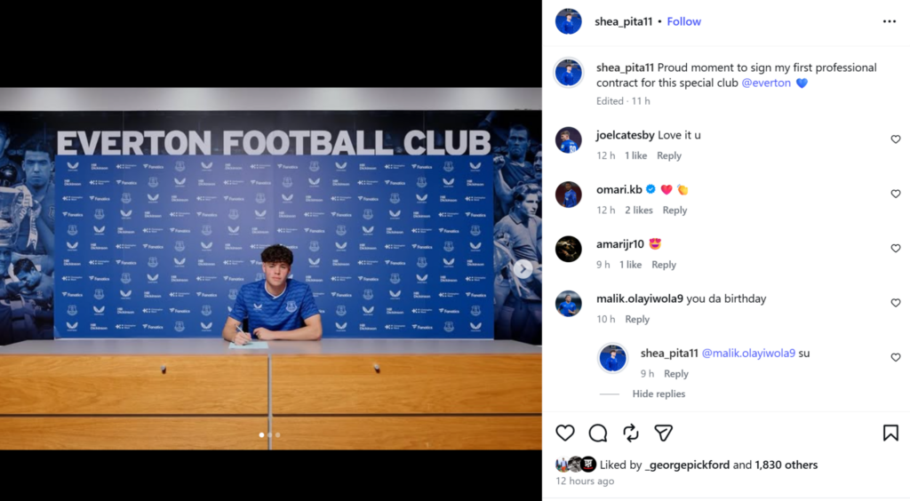Shea Pita's Instagram message after signing an Everton contract