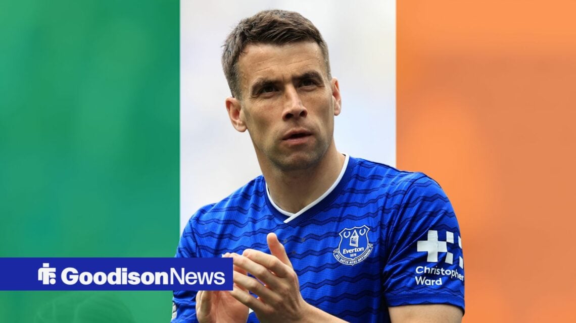 Seamus Coleman of Everton applauds the supporters during a lap of honour after the match vs Sunderland, Ireland flag in background.