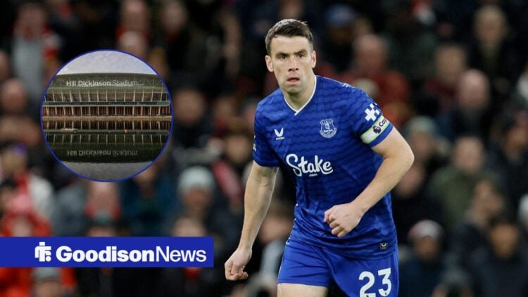 Seamus Coleman of Everton on the ball during the Premier League match between Manchester United and Everton, Hill Dickinson Stadium in inset.