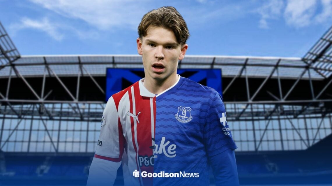 Tyler Dibling in a half Everton, half Southampton shirt.