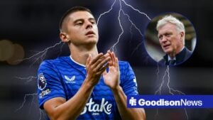 Vitalii Mykolenko 16 of Everton reacts during the Premier League Summer Series match with Manchester United, David Moyes arrives during the Burnley v Everton clash.