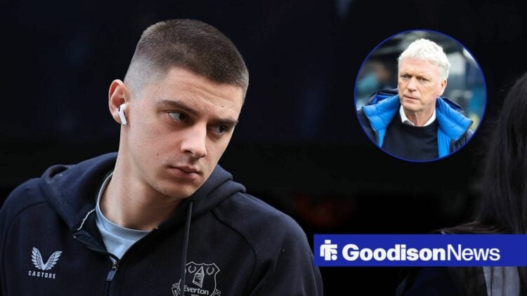Everton star Vitalii Mykolenko looking miserable, Everton Manager David Moyes during the Newcastle United v Everton Premier League match.