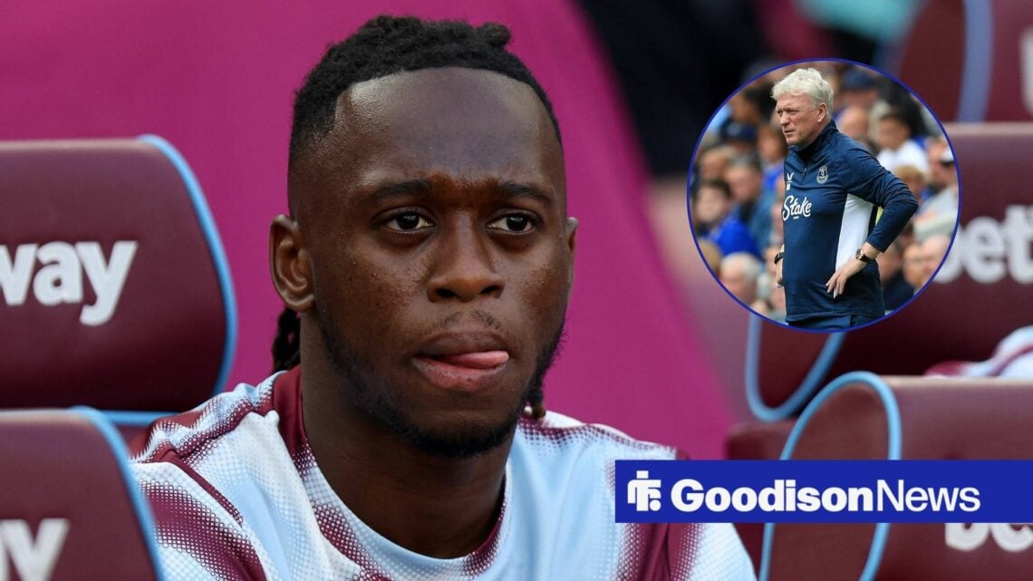 Aaron Wan-Bissaka on the bench for West Ham United, with a circular inset of David Moyes.