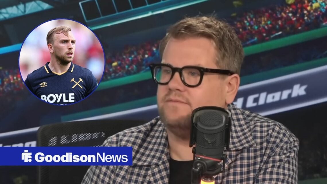James Corden speaking on talkSPORT, with Jarrod Bowen in a circular frame inset