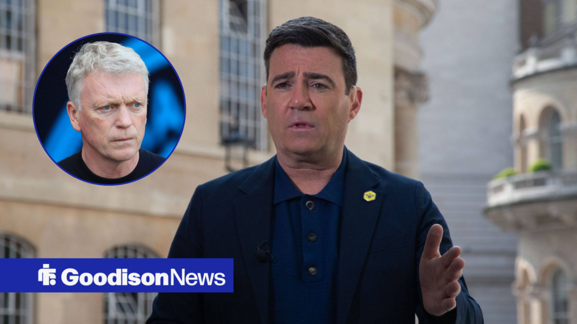 Andy Burnham looks towards a circular frame inset of David Moyes