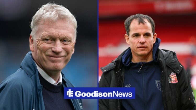 A 50-50 split image of David Moyes and Regis Le Bris.