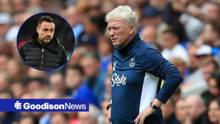 David Moyes looks on, at a circular inset of Roberto De Zerbi.