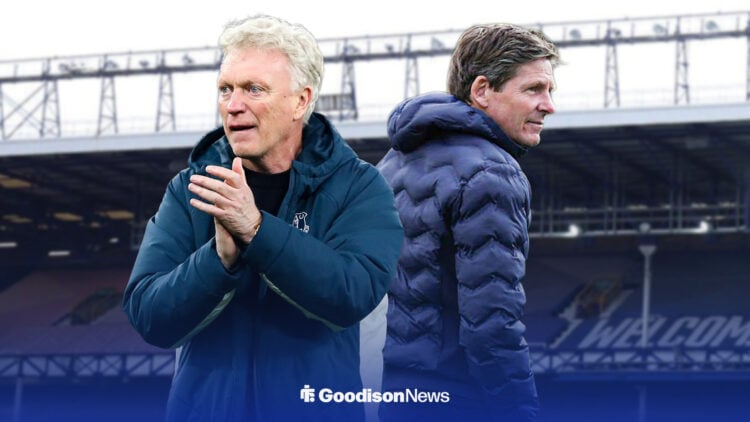 Everton manager David Moyes next to Oliver Glasner with Selhurst Park in background
