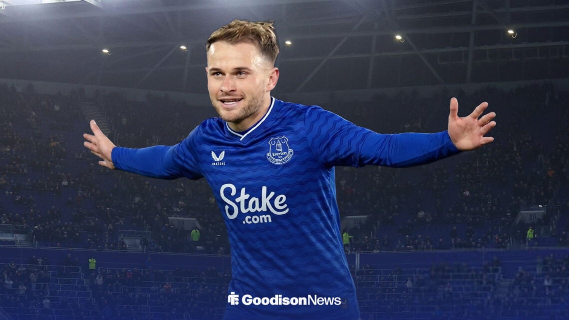 Leo Scienza in an Everton kit outside of Hill Dickinson Stadium.