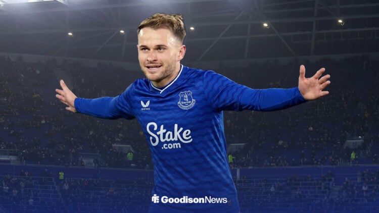Leo Scienza in an Everton kit outside of Hill Dickinson Stadium.