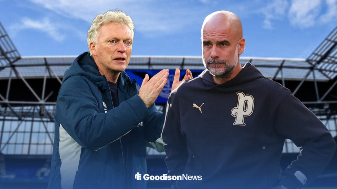 David Moyes and Pep Guardiola infront of a Hill Dickinson Stadium background.