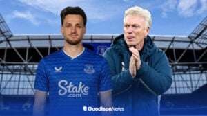 Federico Gatti in an Everton kit, with David Moyes applauding alongside him