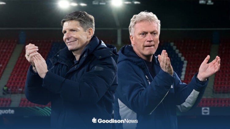 Oliver Glasner and David Moyes standing infront of a Selhurst Park background