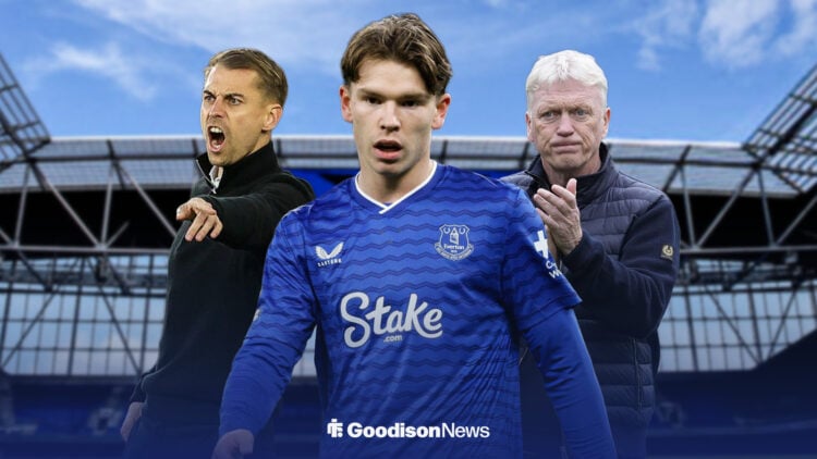 Tyler Dibling in an Everton kit, with Tonda Eckert and David Moyes either side