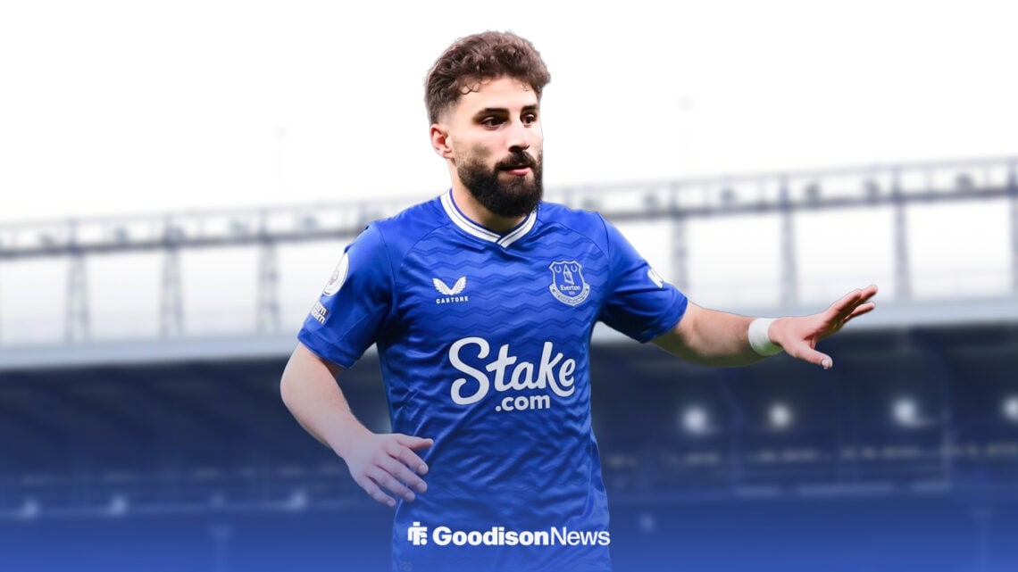 Zuriko Davitashvili at Hill Dickinson Stadium in an Everton kit