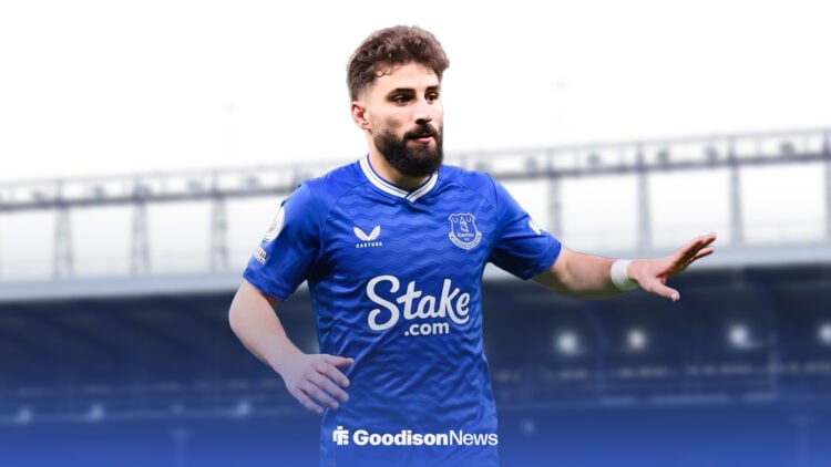 Zuriko Davitashvili at Hill Dickinson Stadium in an Everton kit