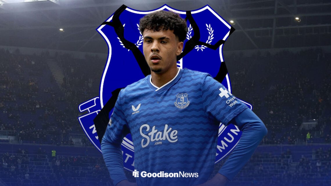 Adam Aznou at Hill Dickinson Stadium with broken Everton badge behind him