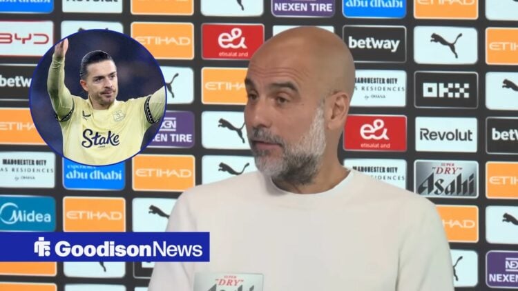 Pep Guardiola speaking at a press conference, with Jack Grealish in a circular frame inset