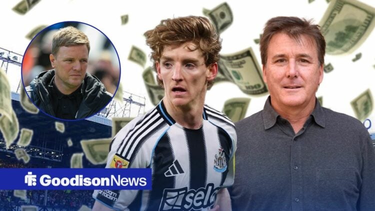 Anthony Gordon and Dan Friedkin with money flying behind them, and Eddie Howe in a circular frame inset