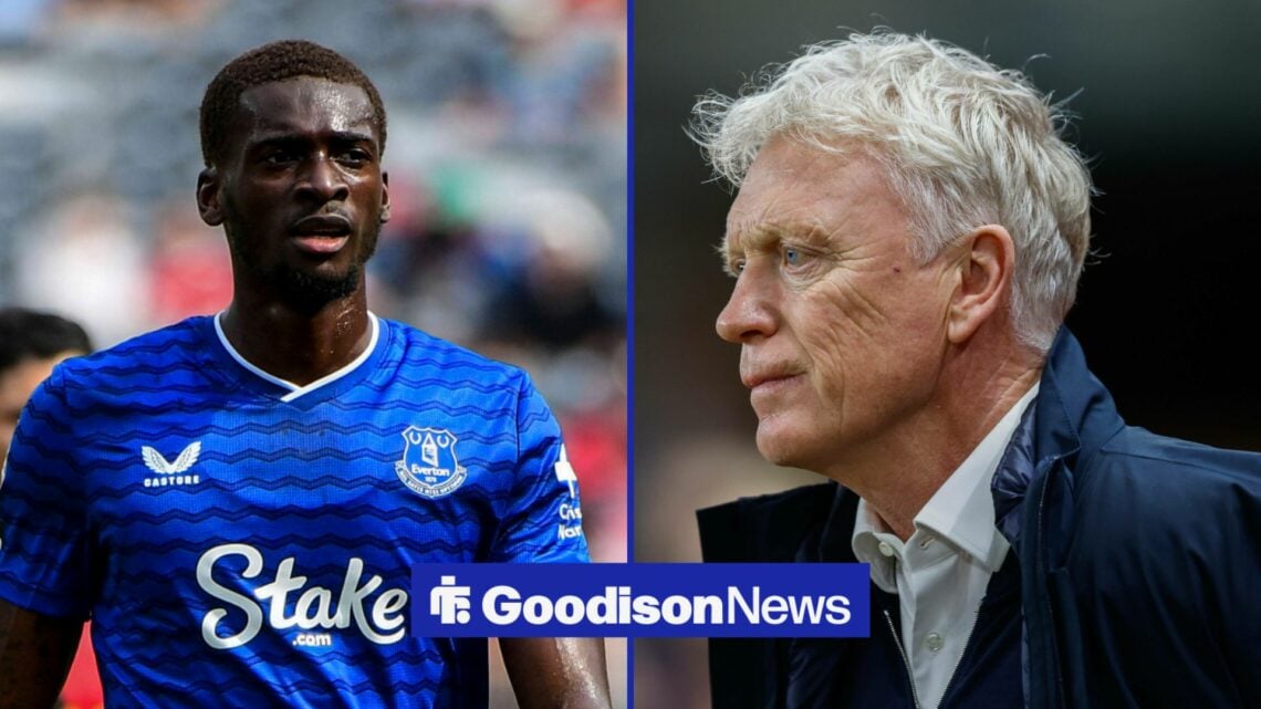 Tim Iroegbunam in action for Everton, with David Moyes alongside him in a split image