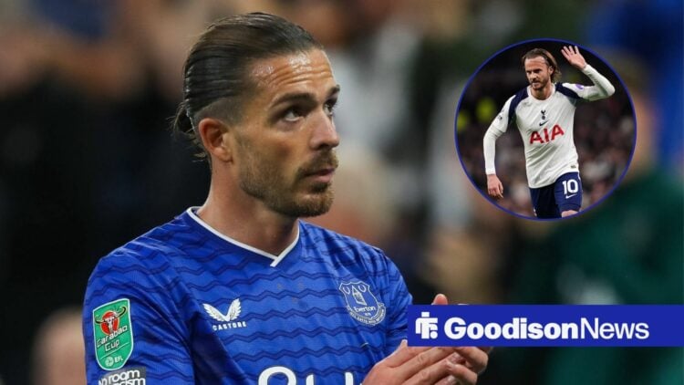 Jack Grealish applauds, looking at a circular inset of James Maddison.
