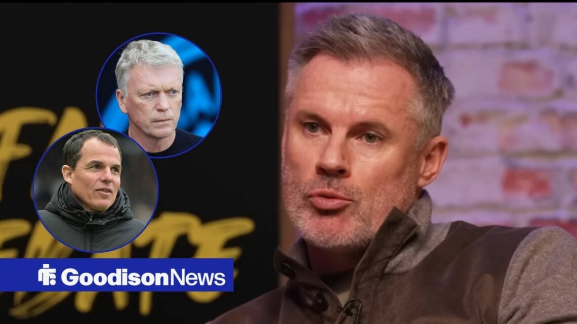Jamie Carragher looking towards circular frames inset of David Moyes and Regis Le Bris