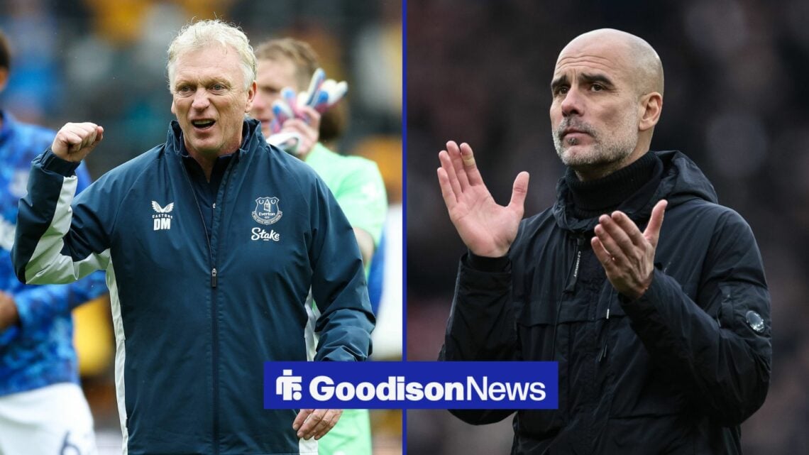 A 50-50 split image of David Moyes and Pep Guardiola celebrating for Everton and Manchester City.