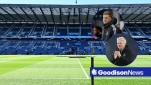 A general shot of Murrayfield, with David Moyes and Eddie Howe in circular frames inset