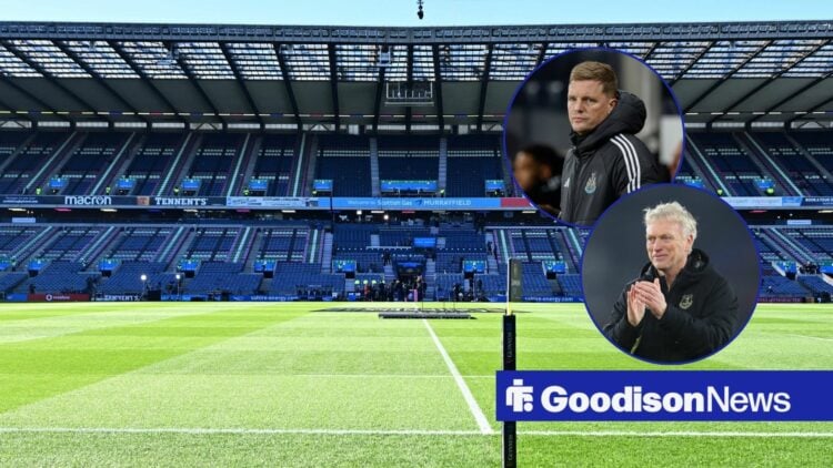 A general shot of Murrayfield, with David Moyes and Eddie Howe in circular frames inset