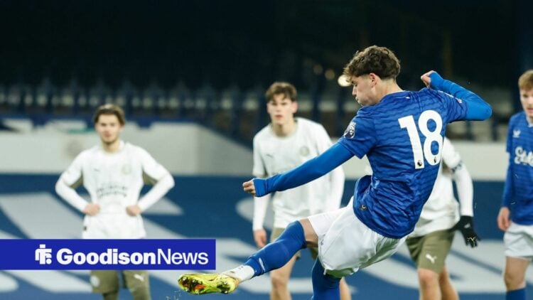 Shea Pita of Everton scores their sides third goal during the Everton U21, U 21 vs PSV Eindhoven U21 Premier League International Cup match at Good...