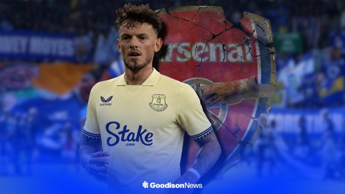 Ben White in an Everton shirt alongside an Arsenal badge