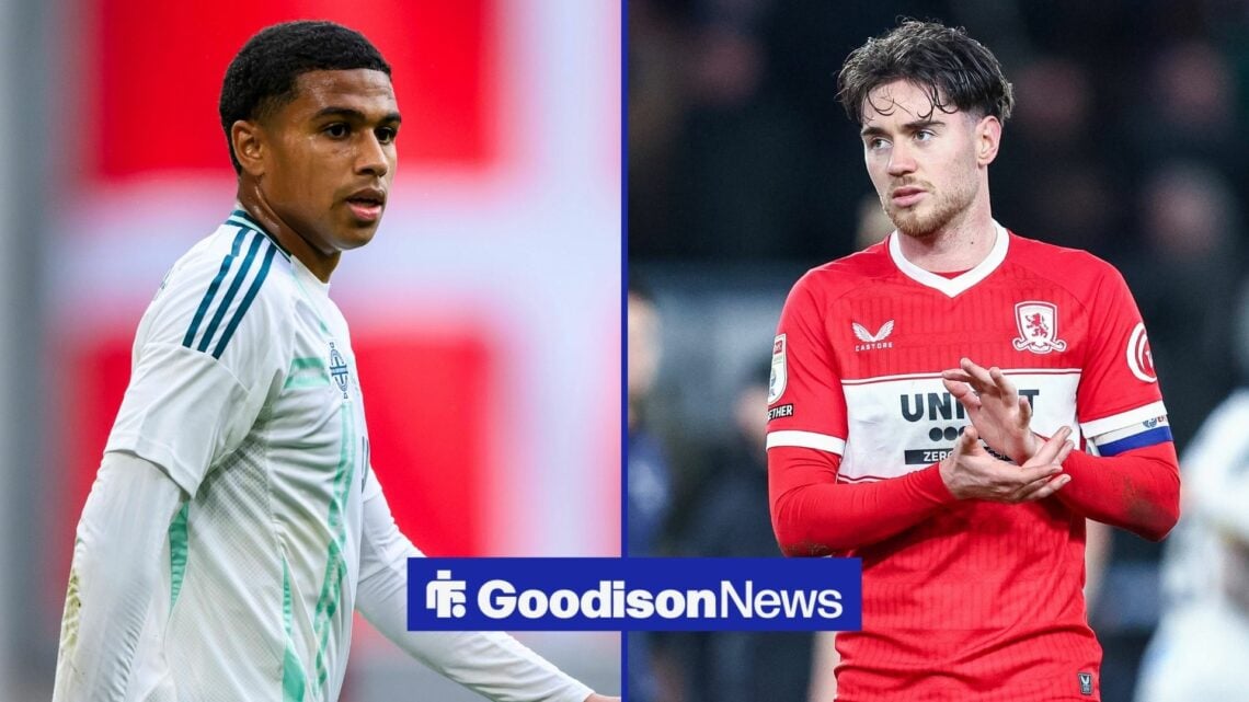 Shea Charles in action for Northern Ireland on the left with Hayden Hackney on the right for Middlesbrough