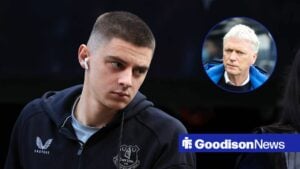 Everton star Vitalii Mykolenko arriving at a match, David Moyes looking baffled in inset.