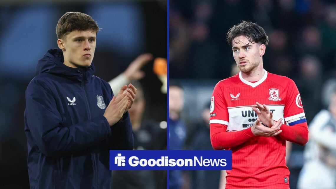 A 50-50 split image of Harrison Armstrong and Hayden Hackney in action for Everton and Middlesbrough.